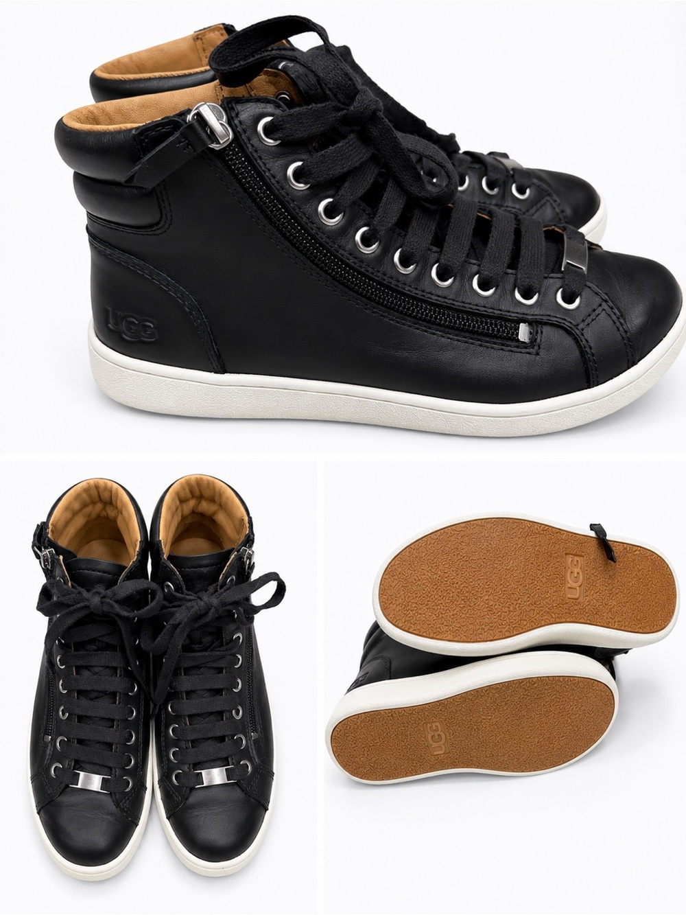 UGG Black Leather High-Top Sneakers with Tan Interior Women’s 8